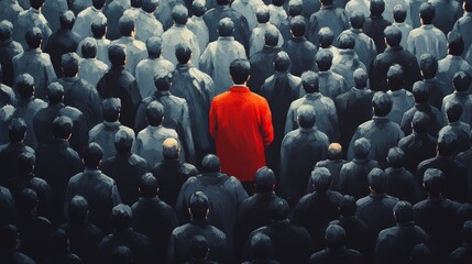 Obraz premium A group of people wearing gray clothes, with a male wearing red clothes in the center, in a minimalist style that emphasizes simplicity and subtle contrast, symbolizing unity and individuality.
