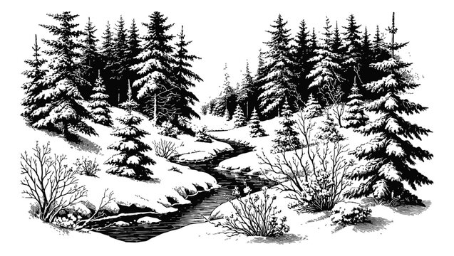 snowy forest and river with evergreen trees engraving black and white outline