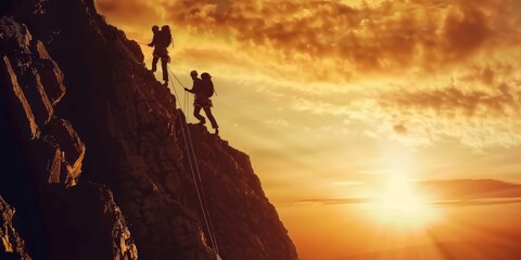 Climbers Conquering Summit at Golden Hour