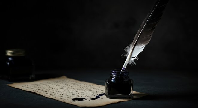 Feather quill in ink bottle with letter on dark surface