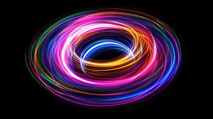 Neon glowing circular lines create a tunnel with vanishing points. Abstract movement of colored lights speed effect colorful wave curves Black background.