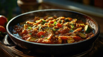 A vibrant dish of vegetables in a rich sauce.