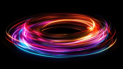 Neon glowing circular lines create a tunnel with vanishing points. Abstract movement of colored lights speed effect colorful wave curves Black background.