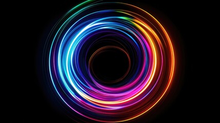 Neon glowing circular lines create a tunnel with vanishing points. Abstract movement of colored lights speed effect colorful wave curves Black background.