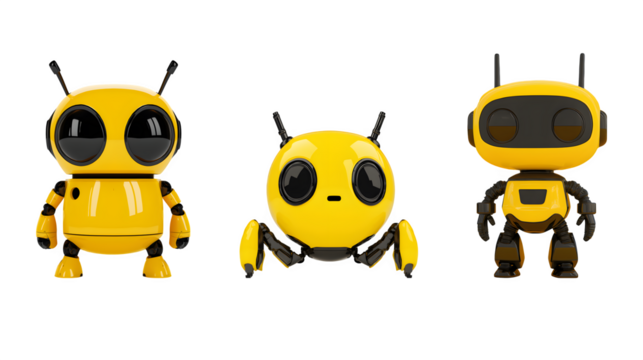 Cute yellow robots on transparent background. PNG.