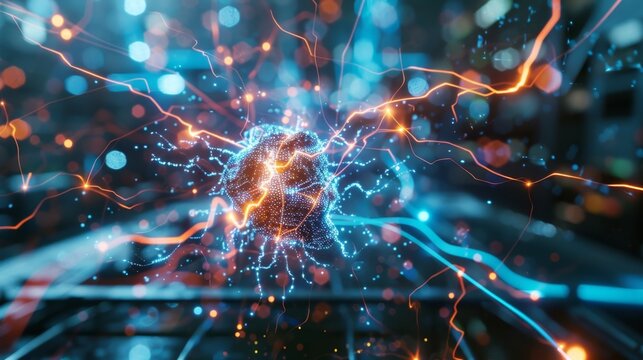 A futuristic lab with lightning rods capturing and channeling electricity symbolizing the constant innovation and advancement within the blockchain realm