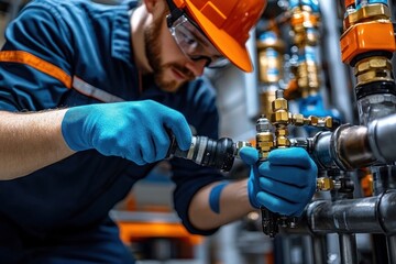 Technician Inspecting Pipes and Equipment in Boiler Room for Heating System Maintenance