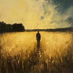 Solitude in a Golden Wheat Field: A Peaceful Landscape Painting