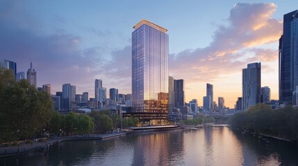 Obraz premium Modern CBD commercial district, high-rise office buildings, showcasing glass facades and corporate architecture, reflecting contemporary architectural style and busy commercial atmosphere.