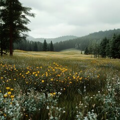 Obraz premium Serene Meadow Landscape: Wildflowers and Forest under a Cloudy Sky
