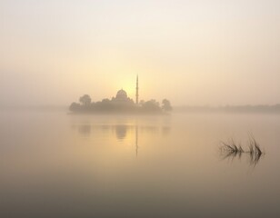 Serene sunrise over a misty lake with a mosque on a small island.