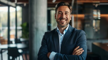 Fototapeta premium Confident professional man smiling in bright office portrait ambition & success