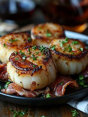 Close-up of Pan-Seared Scallops with Crispy Prosciutto on a Dark Plate.