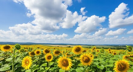Fototapeta premium Vibrant sunflower field stretches under bright blue sky with fluffy clouds