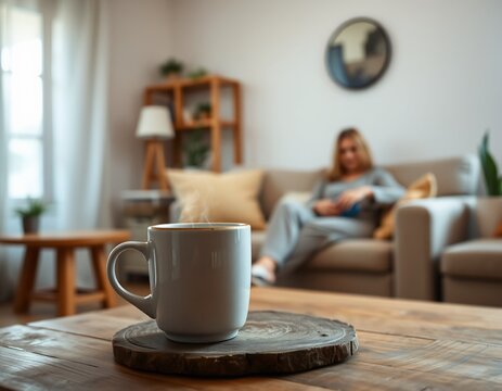 Steaming coffee mug on wooden table in living room with woman relaxing on sofa in background.