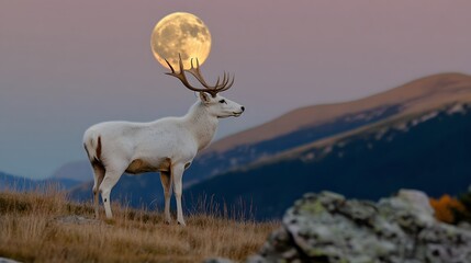 Obraz premium A majestic white deer with perfect antlers, on the mountain and the beautiful view of the full moon at night