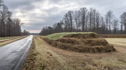 Fototapeta premium Haystack beside a winding country road in winter