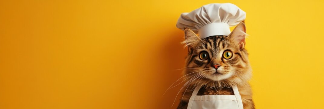 Cat wearing a chef hat and apron against a yellow background.