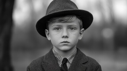A retro portrait of a typical boy from the 1950s, in black and white tones, depicting cute children wearing classic clothing, hairstyles, and accessories, reflecting the innocence of childhood