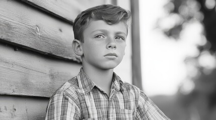 A retro portrait of a typical boy from the 1950s, in black and white tones, depicting cute children wearing classic clothing, hairstyles, and accessories, reflecting the innocence of childhood