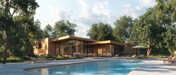 Modern house with pool and lush landscaping.