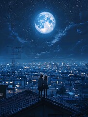 Fototapeta premium Two Girls Silhouetted Against a Night Cityscape Under a Full Moon.