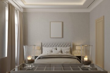 modern classic bedroom interior background with decorations, bedside table, table lamp and mockup poster framed. 3d rendering