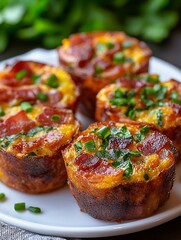 Close-up of four savory bacon and egg muffins garnished with green onions on a white plate.