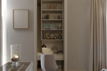 close up on mockup poster framed in modern classic interior of home office. 3d illustration