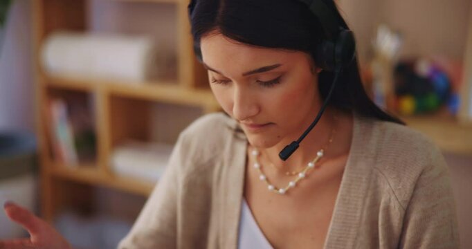 Woman, stress and virtual assistant tired in home office, remote worker and service mistake. Female person, frustrated and helping difficult customer online, support and call centre agent with error