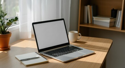 Fototapeta premium Clean desk with open laptop, notebook, coffee cup, and plant