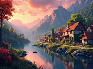 Fototapeta premium Picturesque small village by a serene river, surrounded by mountains and vibrant flowers under a golden sunset sky