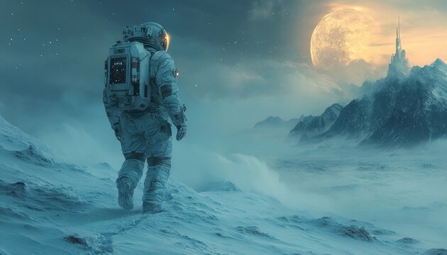 Futuristic Astronaut Walking on Alien Ice Landscape Under Blue Moonlight
