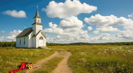 White church in field under sunny sky with mask and cape on ground