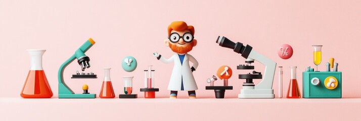 Obraz premium Cartoon scientist with lab equipment on a pink background.