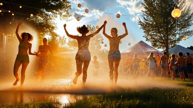 Kids Playing in Sprinklers at a Party