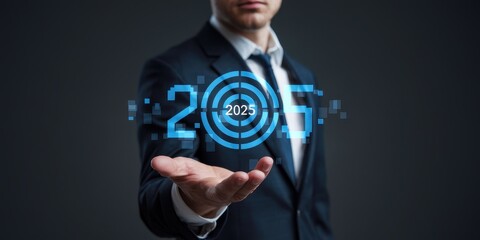 Businessman Holding 2025 Target Hologram in Futuristic Technology Concept