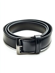 Black leather belt for trousers and jeans. Fashionable men's leather belt with dark chrome metal buckle isolated on white background. Men's accessory. Luxury strap.