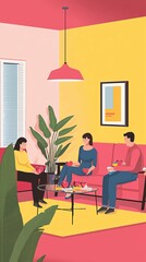 Stylized 1960s living room, family creating Valentine's decorations with graphic pop art aesthetic, bright pink and yellow color scheme