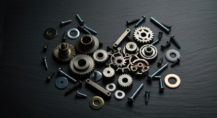 Mechanical gears and screws arranged in heart shape against black background