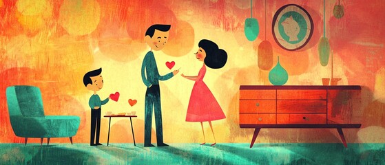 Playful family Valentine's preparation scene, with exaggerated 1960s illustration style and bold color palette of teal, magenta, and orange