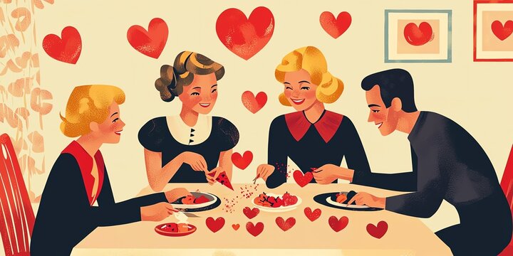Retro family gathering around table, creating Valentine's crafts with iconic 60s design elements and bright color gradients