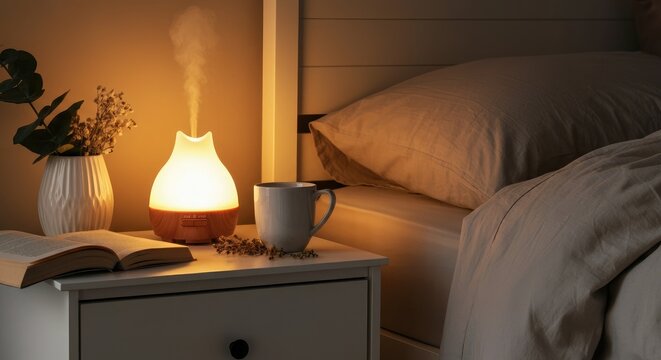 Cozy bedroom scene with diffuser, cup, open book, and plant on nightstand beside neatly made bed