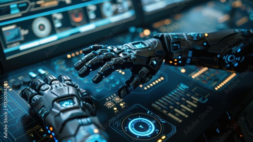Poster innovative control interfaces operating futuristic robot consoles in tech environments