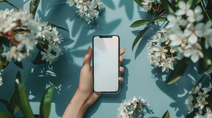 Female hand holding blank smartphone mockup for contemporary digital design