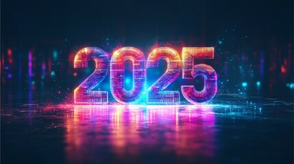 New Year Celebration Neon Sign with Glow and Red Light for 2025