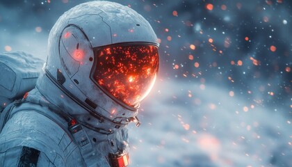 Futuristic Astronaut in Icy Alien Landscape with Dramatic Celestial Glow and Intricate Helmet Reflections