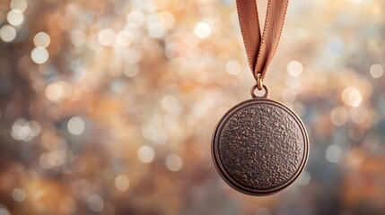 Bronze Medal with Brown Ribbon Hanging On Branch.