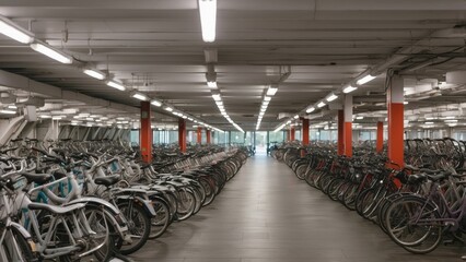 A covered bicycle parking area with a large number of bikes parked in a row