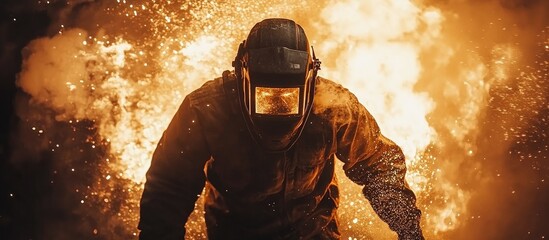 Fiery Fortitude: A Man in Protective Gear Bravely Faces a Wall of Fire